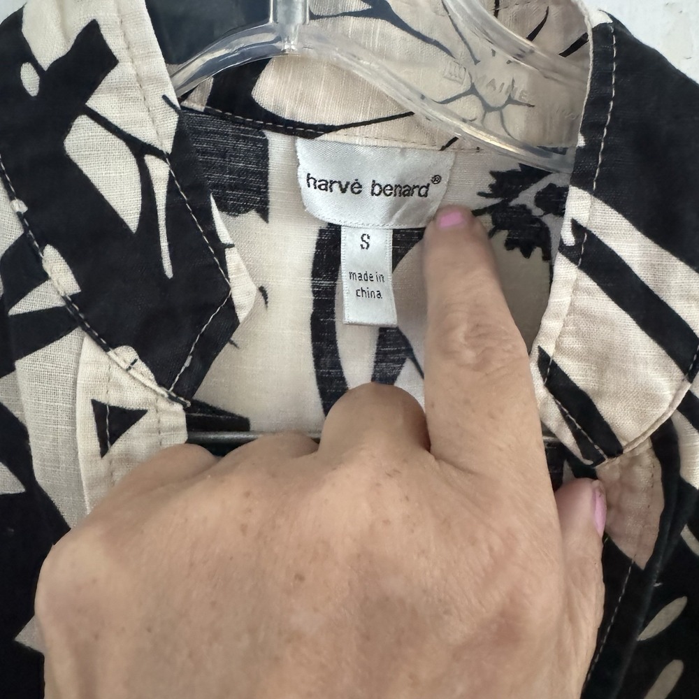 Harve Benard Women S Linen Blend 3/4 Sleeve Button Up Black White Floral Blouse - Picture 6 of 10
